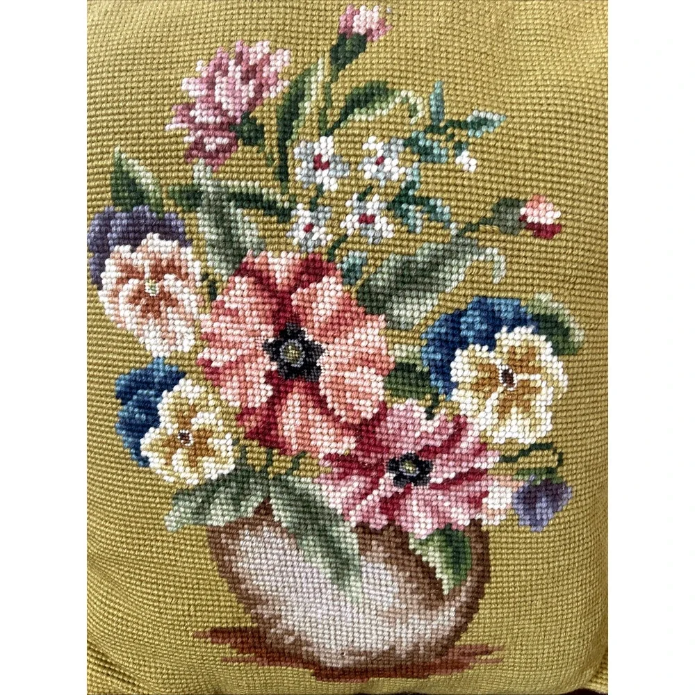 Vintage Floral Petit Point Needlepoint Pillow Green Velvet 14”x 10.5”